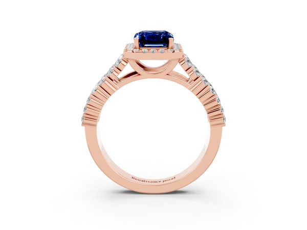 Rose gold Emerald Cut Blue Sapphire Halo Engagement Ring with Triple Row Round Pavé Band and Prong Setting