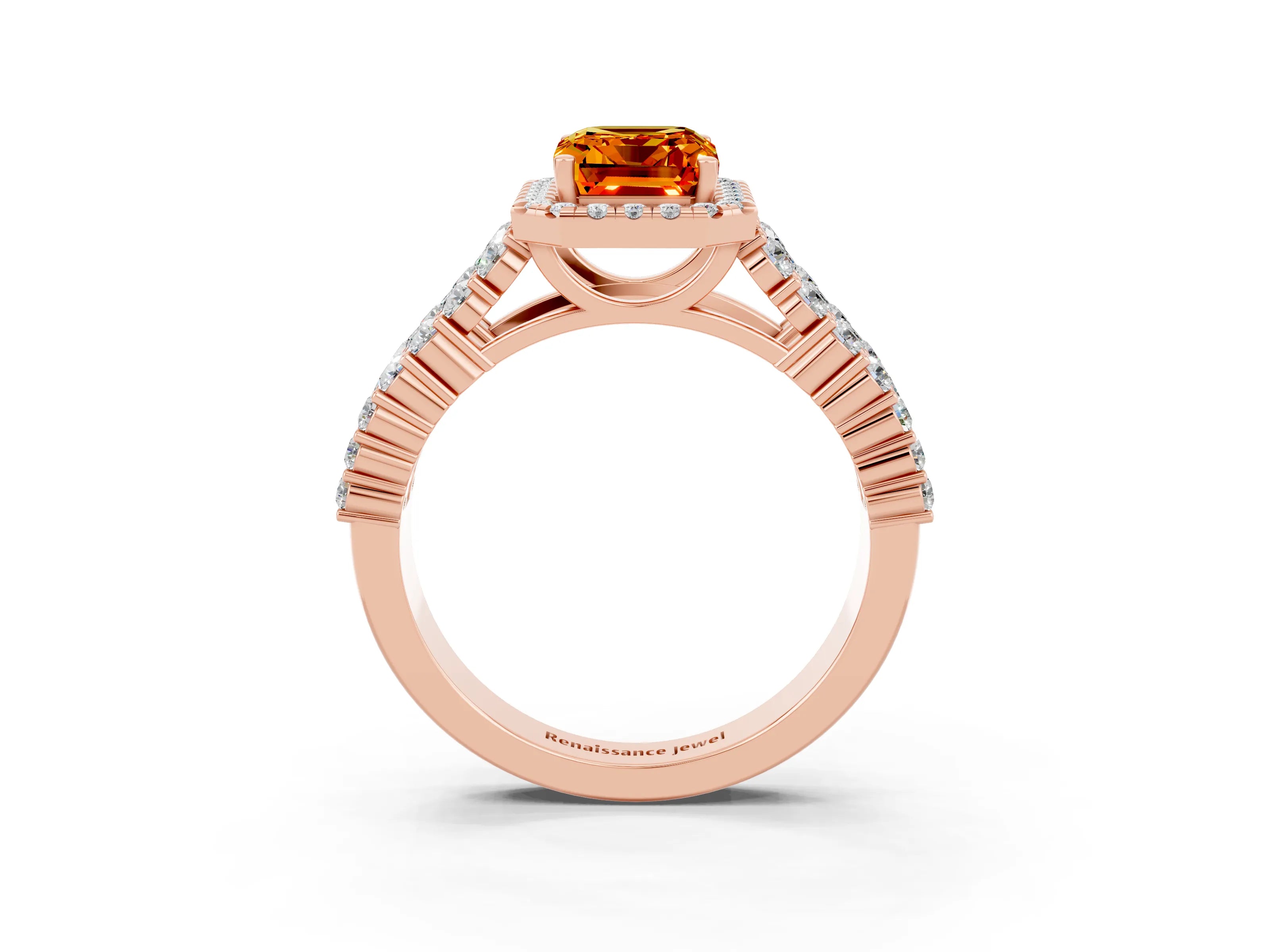 Rose gold Emerald Cut Halo Pavé Diamond Engagement Ring with Split Shank and Four-Prong Setting_3