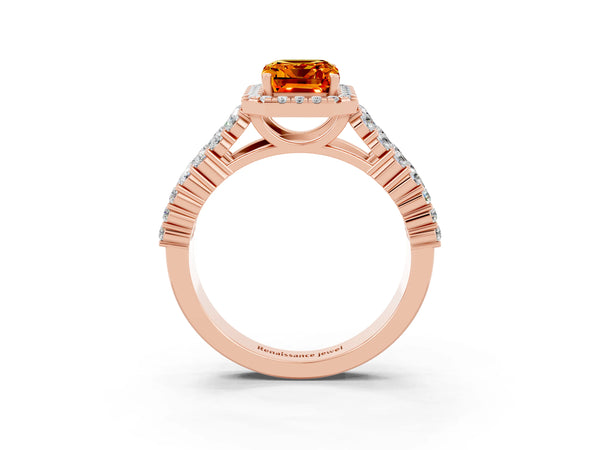 Rose gold Emerald Cut Citrine Halo Engagement Ring with Triple Row Round Pavé Band and Prong Setting