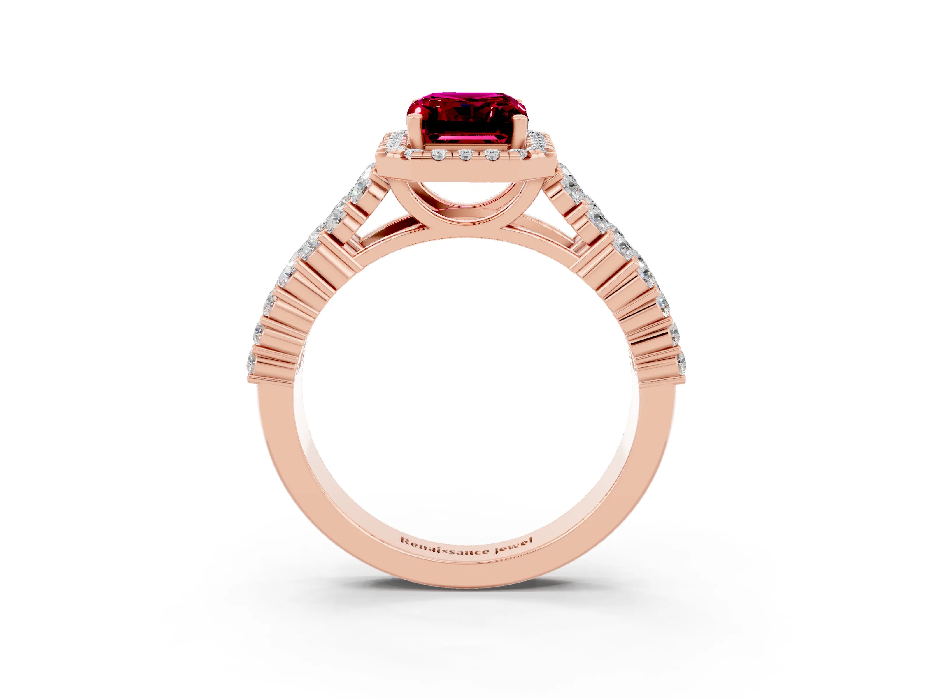 Rose gold Emerald Cut Halo Pavé Diamond Engagement Ring with Split Shank and Four-Prong Setting_3