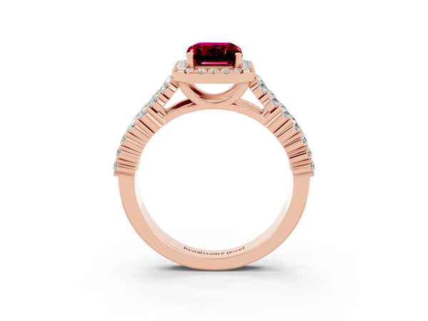 Rose gold Emerald Cut Garnet Halo Engagement Ring with Triple Row Round Pavé Band and Prong Setting