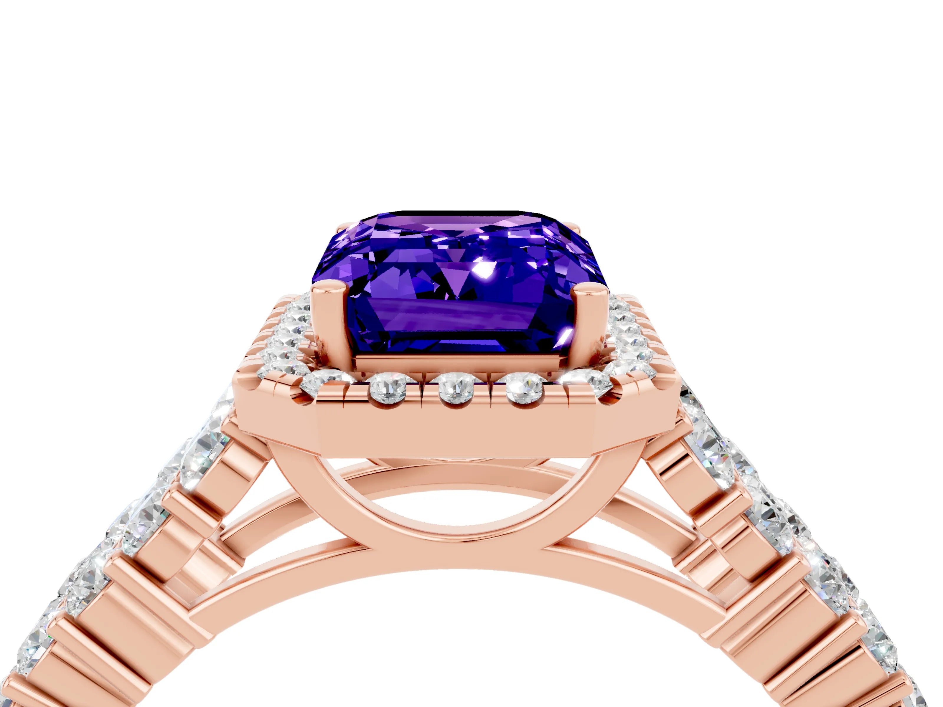 Rose gold Emerald Cut Halo Pavé Diamond Engagement Ring with Split Shank and Four-Prong Setting_4
