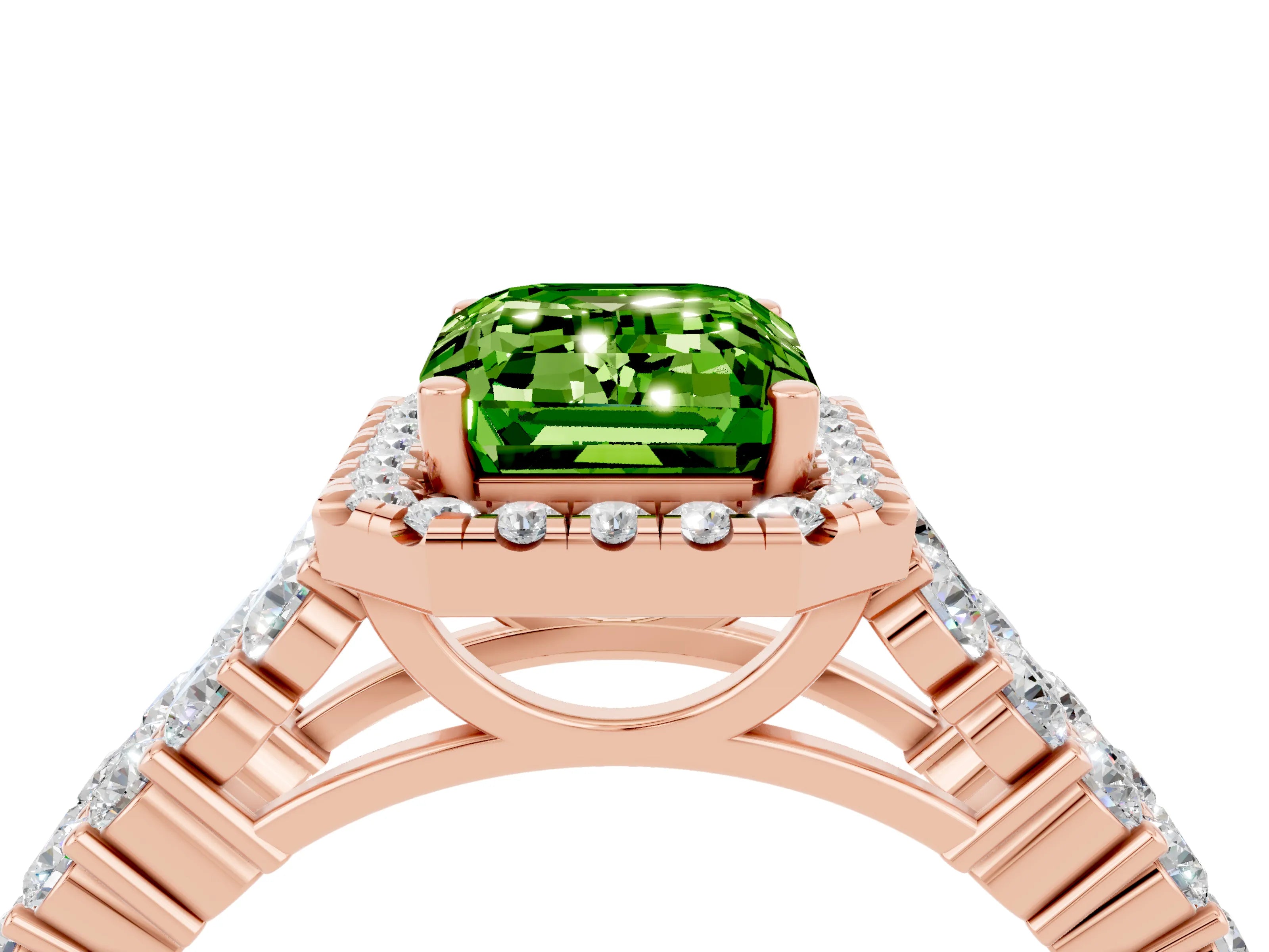 Rose gold Emerald Cut Halo Pavé Diamond Engagement Ring with Split Shank and Four-Prong Setting_4