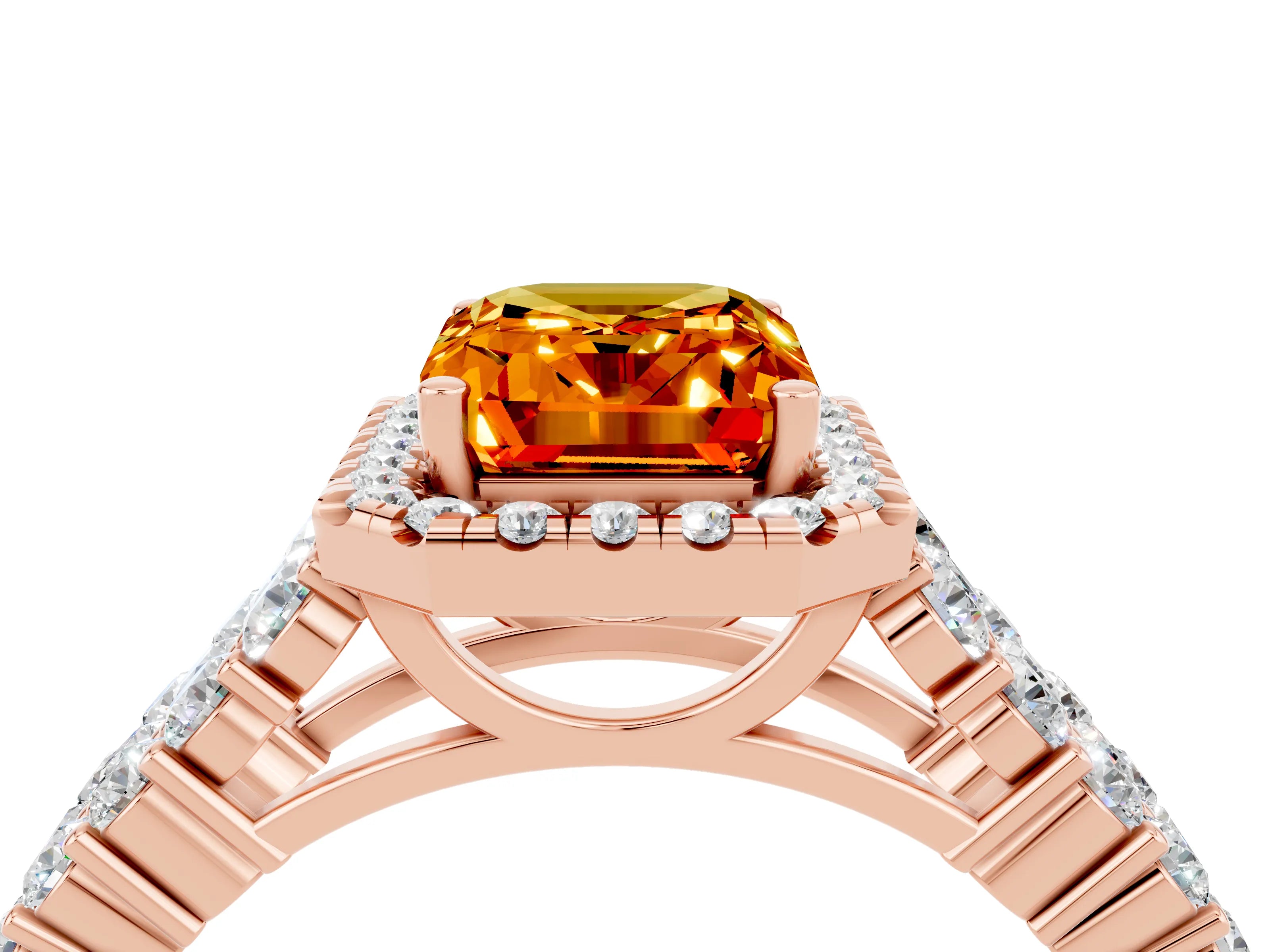 Rose gold Emerald Cut Halo Pavé Diamond Engagement Ring with Split Shank and Four-Prong Setting_4
