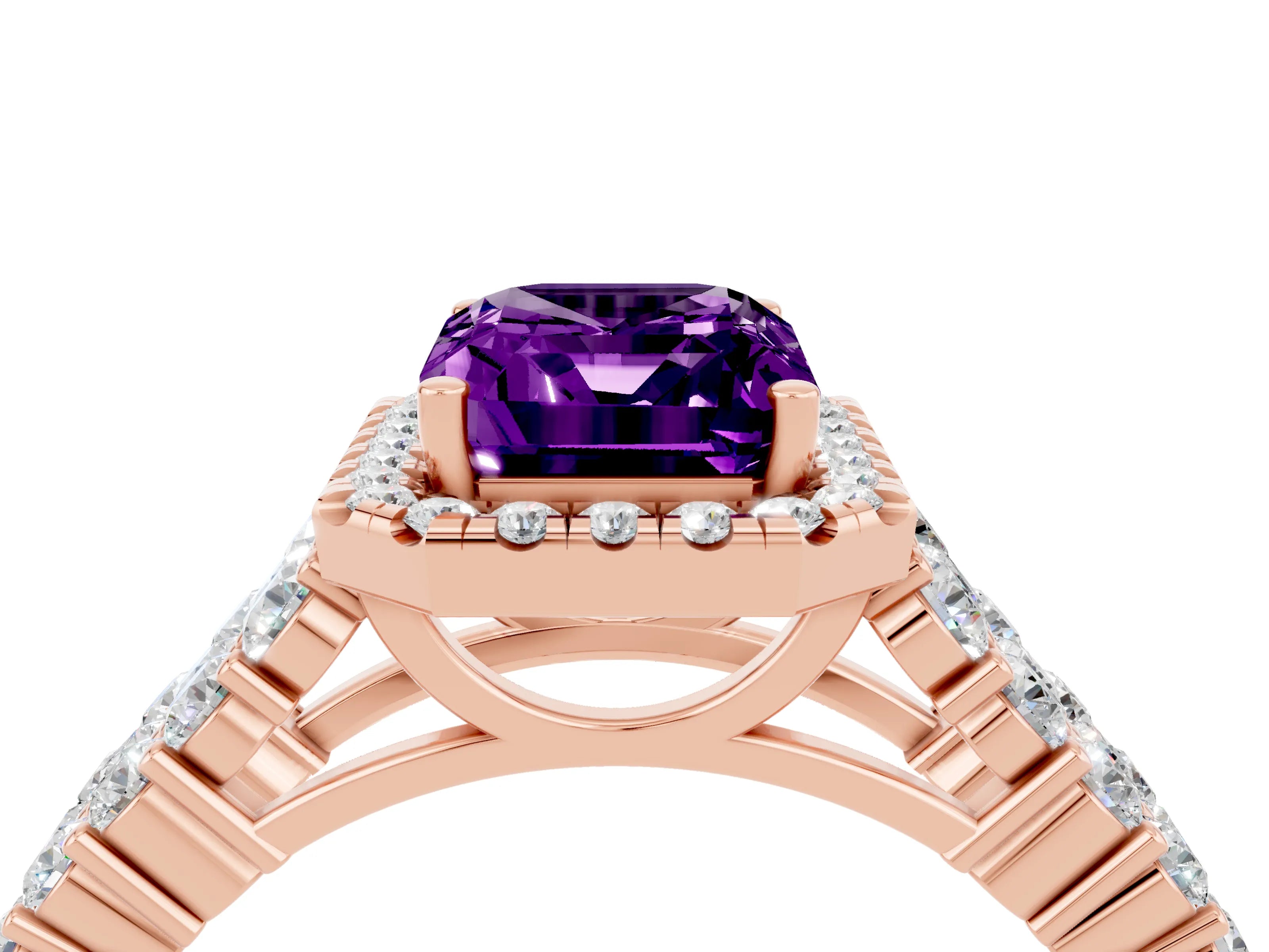 Rose gold Emerald Cut Halo Pavé Diamond Engagement Ring with Split Shank and Four-Prong Setting_4