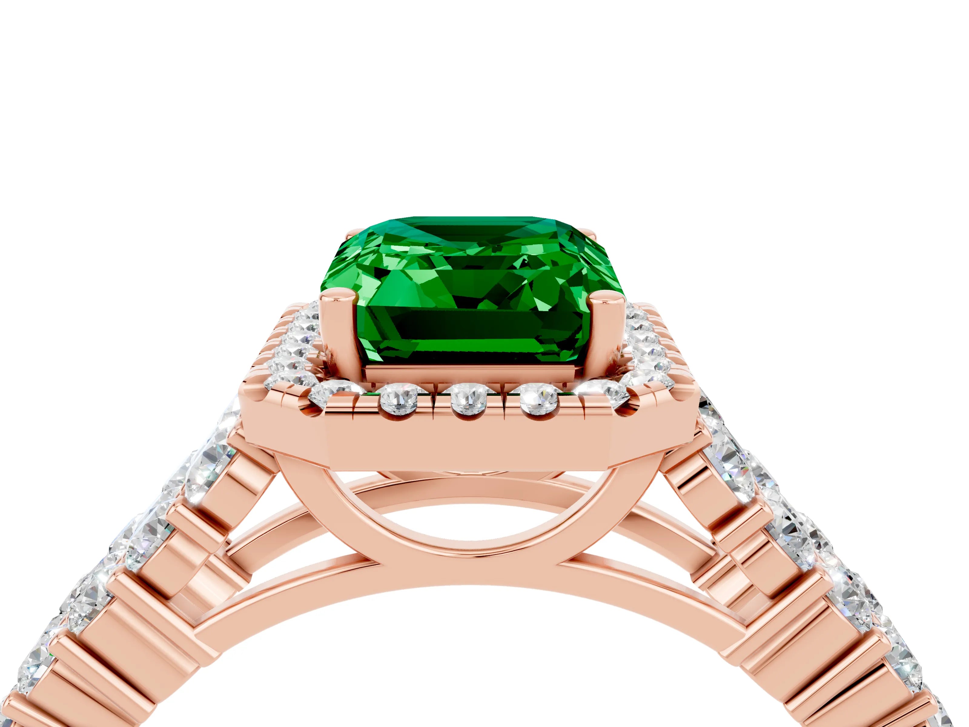 Rose gold Emerald Cut Halo Pavé Diamond Engagement Ring with Split Shank and Four-Prong Setting_4