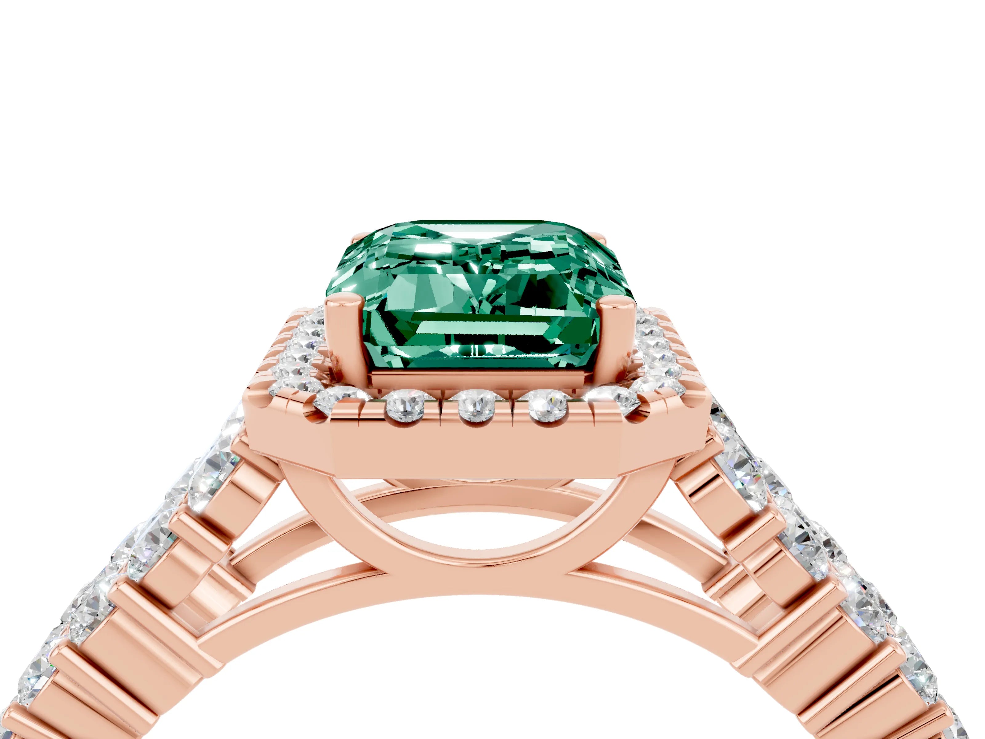 Rose gold Emerald Cut Halo Pavé Diamond Engagement Ring with Split Shank and Four-Prong Setting_4