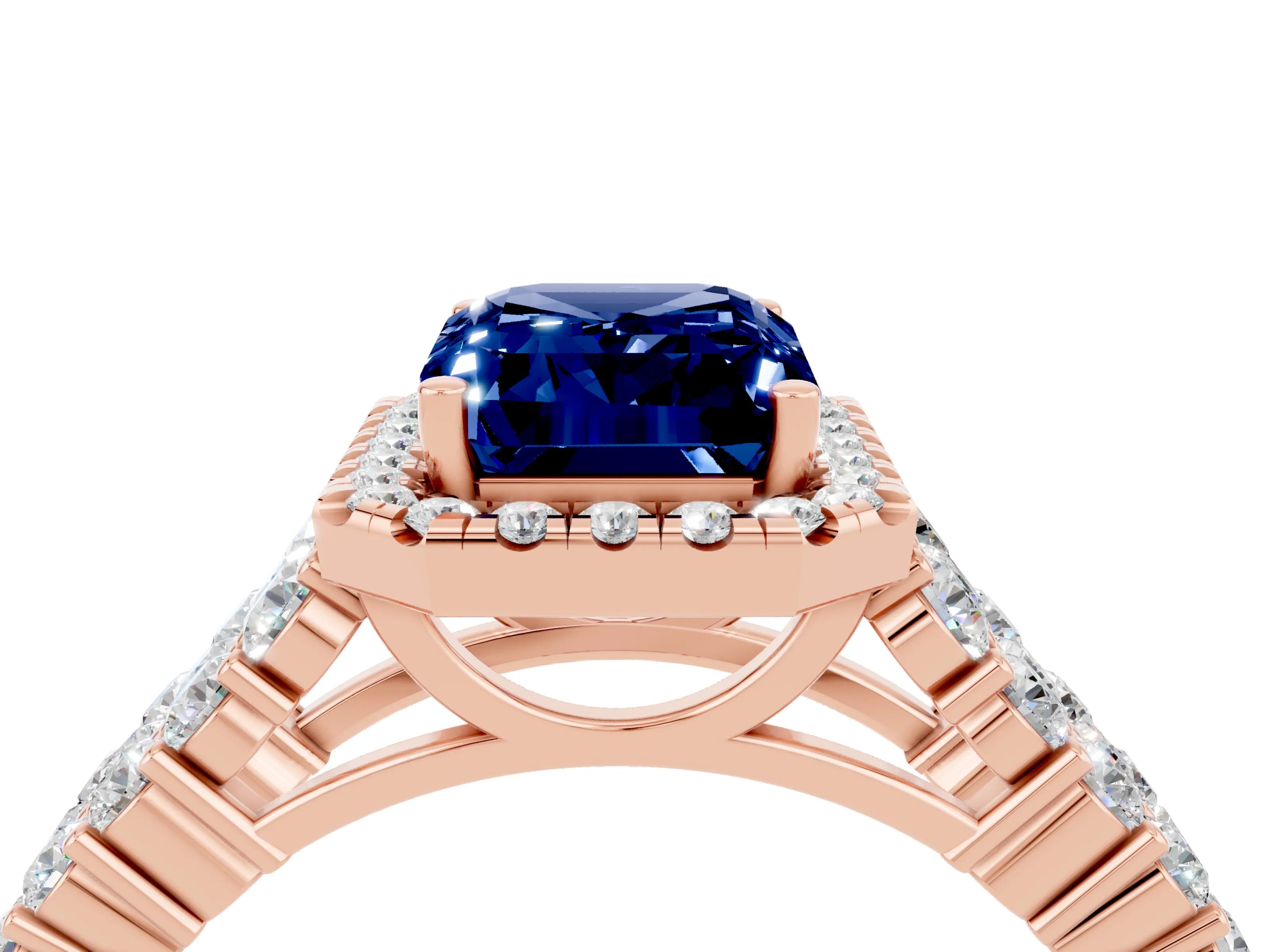 Rose gold Emerald Cut Halo Pavé Diamond Engagement Ring with Split Shank and Four-Prong Setting_4