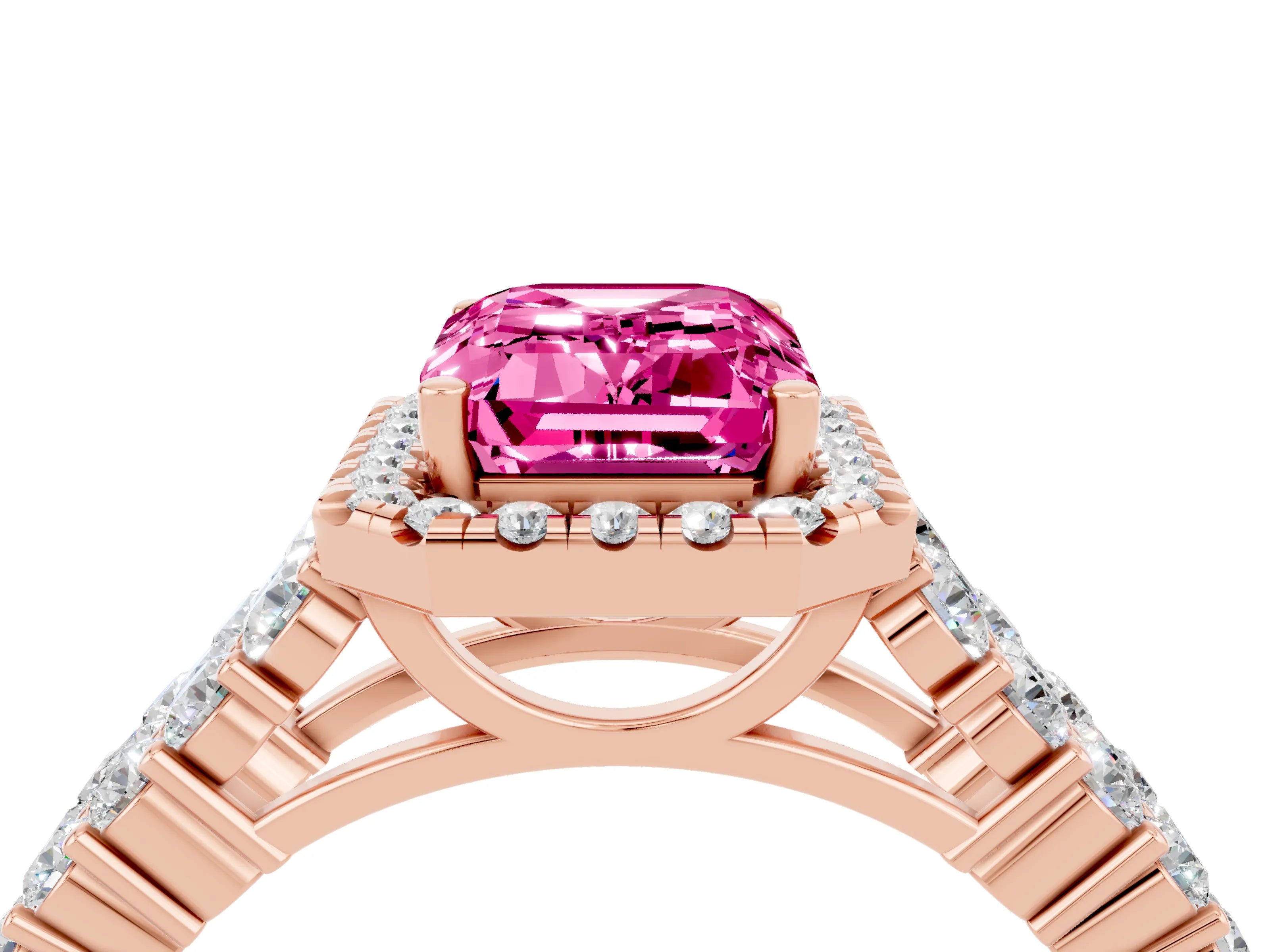 Rose gold Emerald Cut Halo Pavé Diamond Engagement Ring with Split Shank and Four-Prong Setting_4