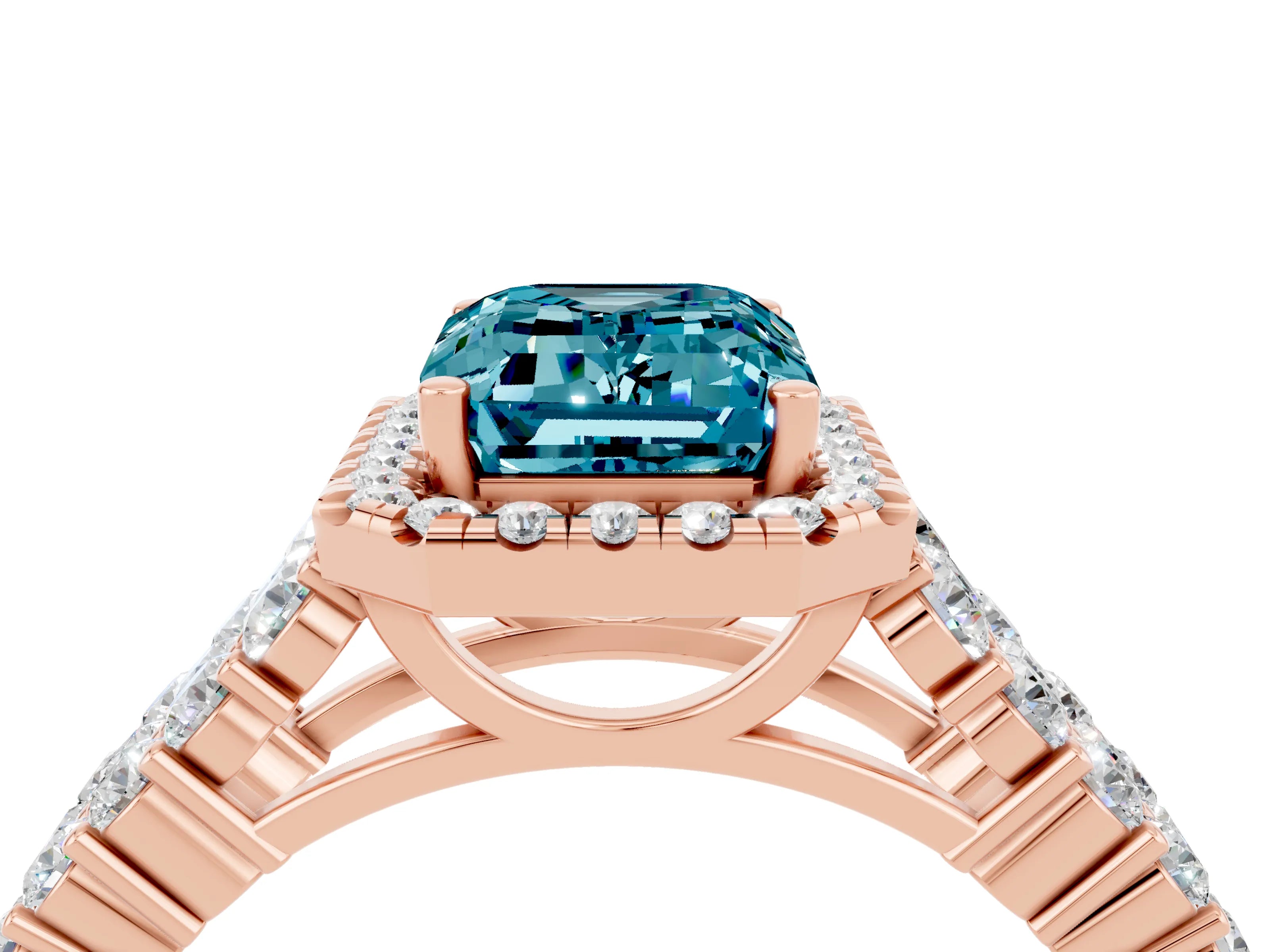 Rose gold Emerald Cut Halo Pavé Diamond Engagement Ring with Split Shank and Four-Prong Setting_4
