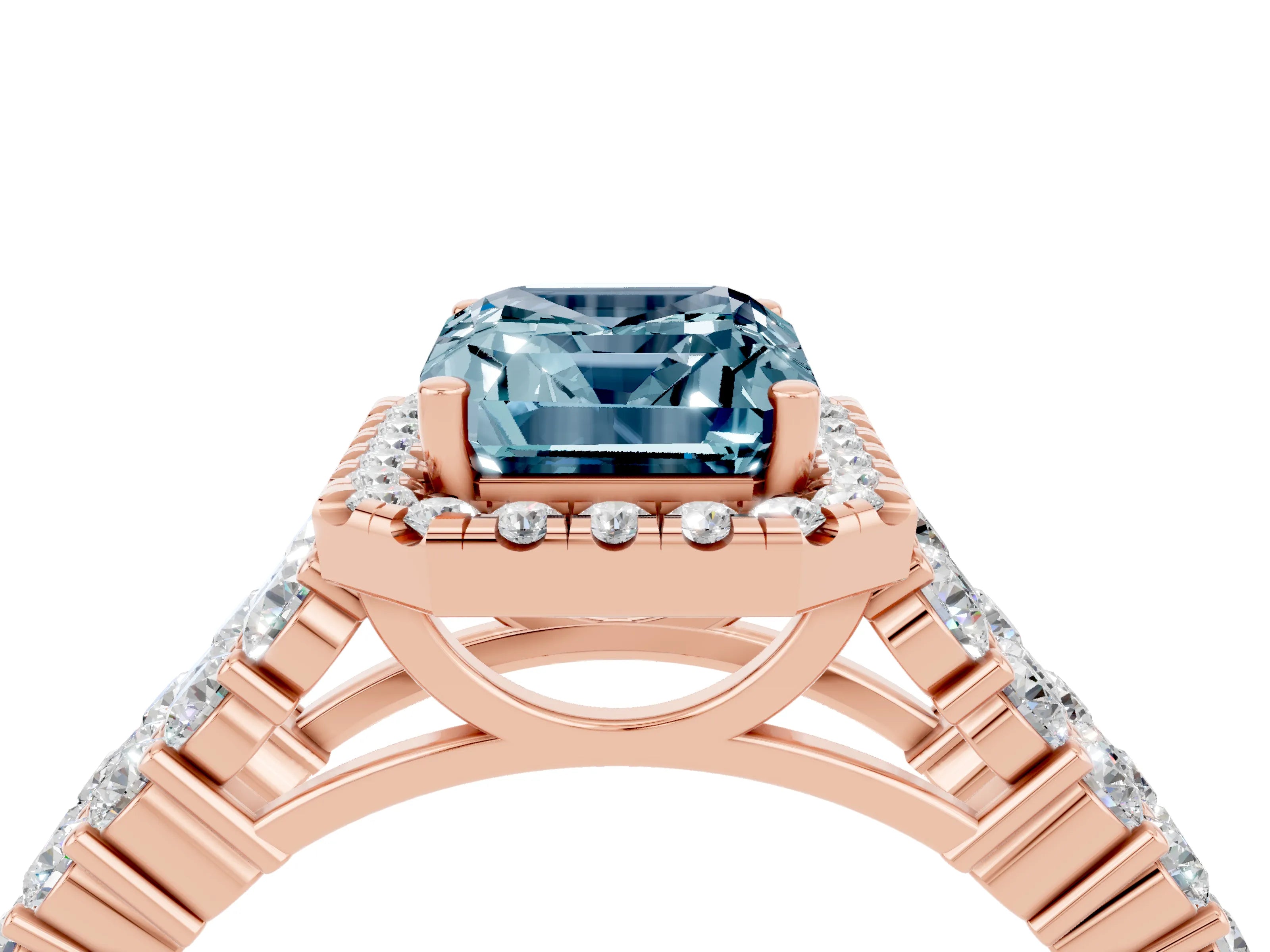 Rose gold Emerald Cut Halo Pavé Diamond Engagement Ring with Split Shank and Four-Prong Setting_4