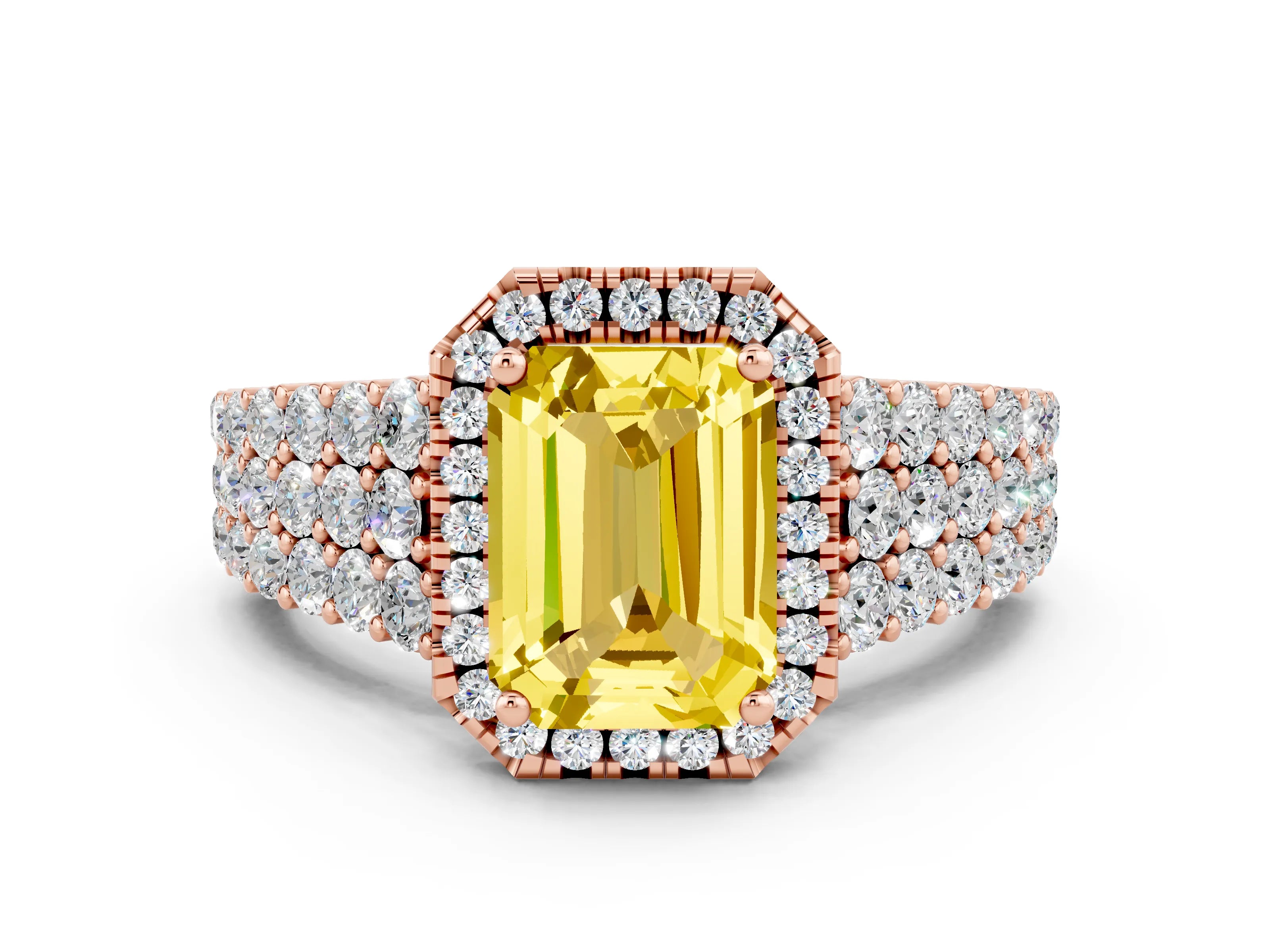 Rose gold Emerald Cut Halo Pavé Diamond Engagement Ring with Split Shank and Four-Prong Setting