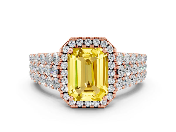 Rose gold Emerald Cut Yellow Sapphire Halo Engagement Ring with Triple Row Round Pavé Band and Prong Setting