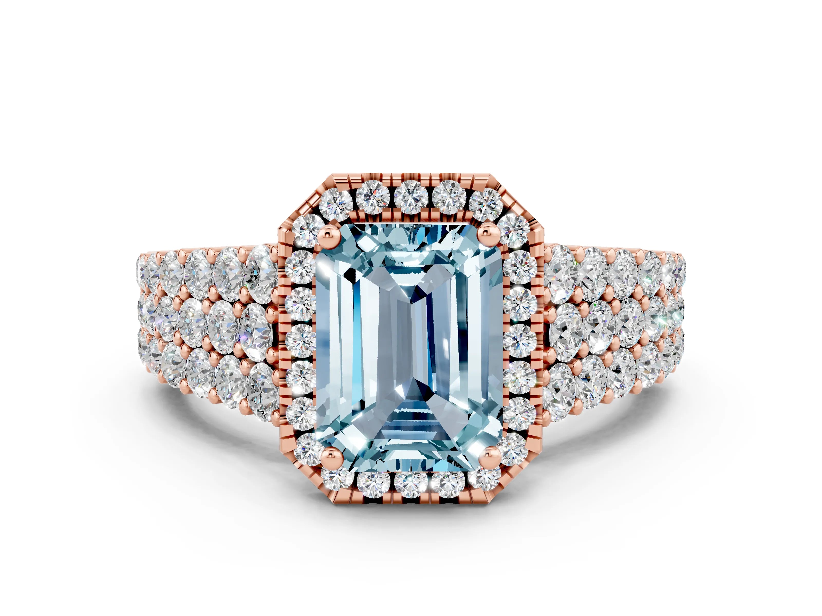 Rose gold Emerald Cut Halo Pavé Diamond Engagement Ring with Split Shank and Four-Prong Setting