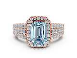 Rose gold Emerald Cut Halo Pavé Diamond Engagement Ring with Split Shank and Four-Prong Setting