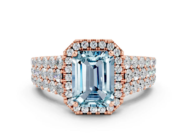 Rose gold Emerald Cut Aquamarine Halo Engagement Ring with Triple Row Round Pavé Band and Prong Setting