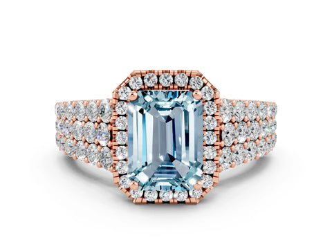 Rose gold Emerald Cut Halo Pavé Diamond Engagement Ring with Split Shank and Four-Prong Setting