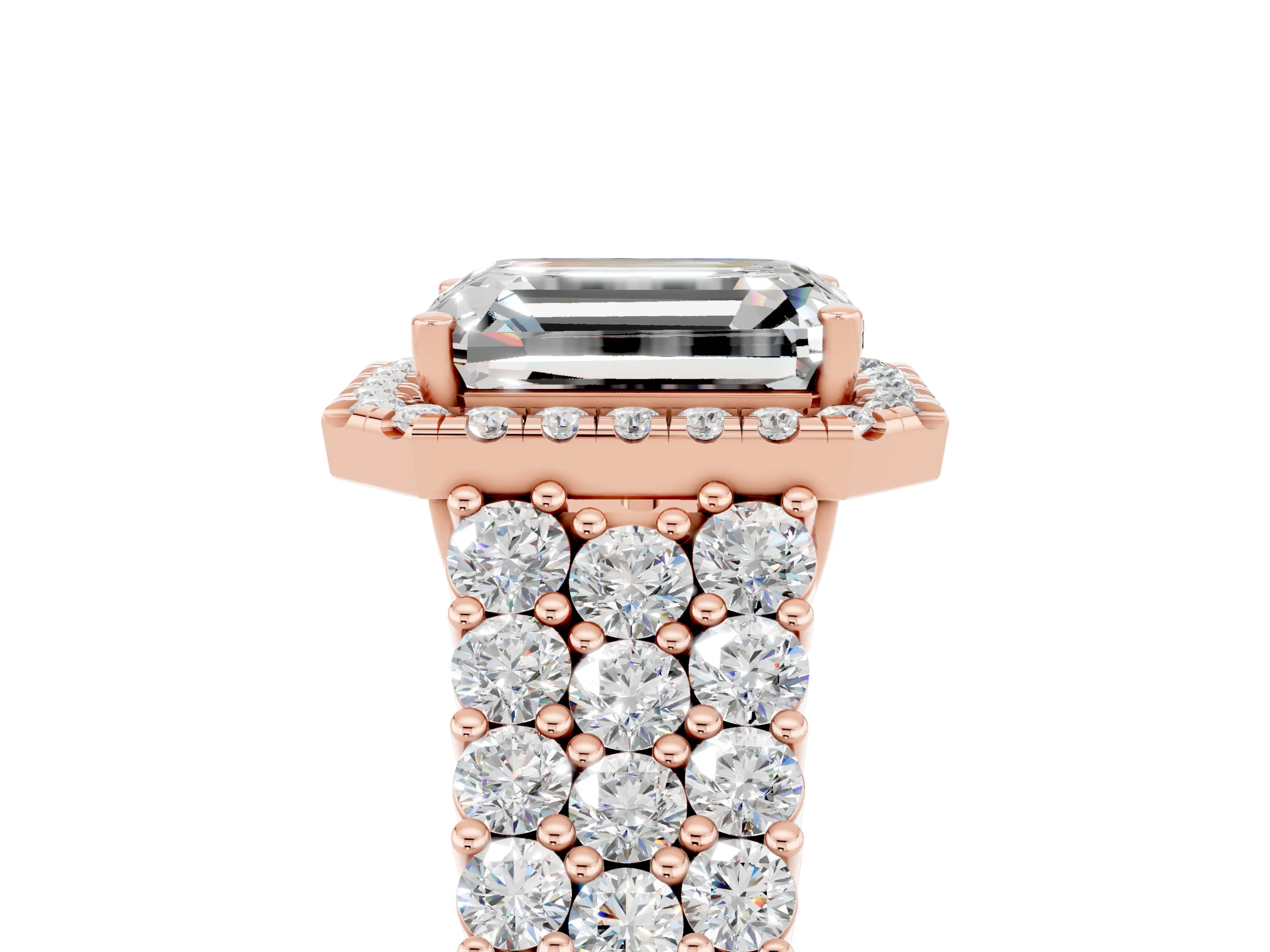 Rose gold Emerald Cut Halo Pavé Diamond Engagement Ring with Split Shank and Four-Prong Setting_5