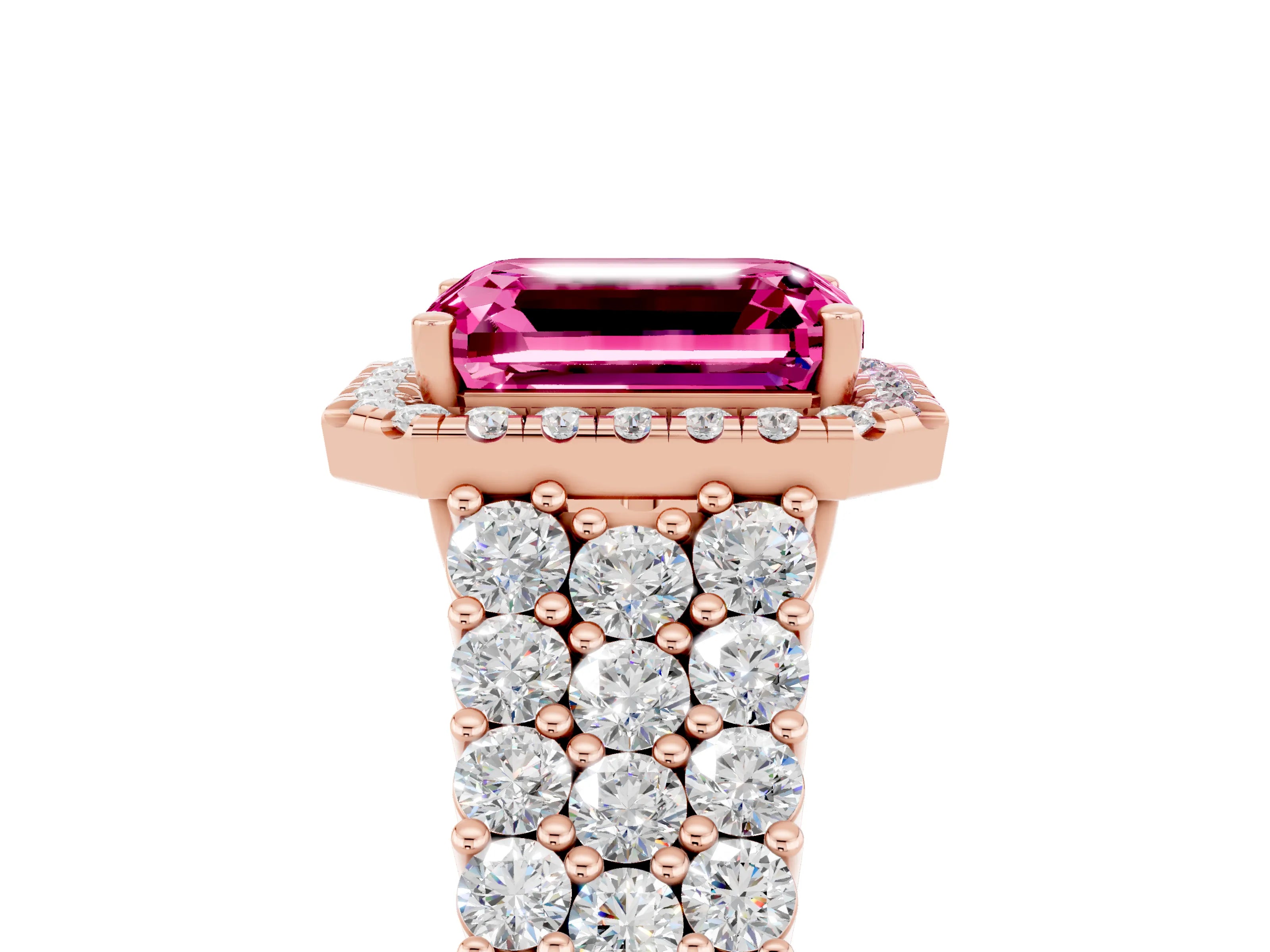 Rose gold Emerald Cut Halo Pavé Diamond Engagement Ring with Split Shank and Four-Prong Setting_5