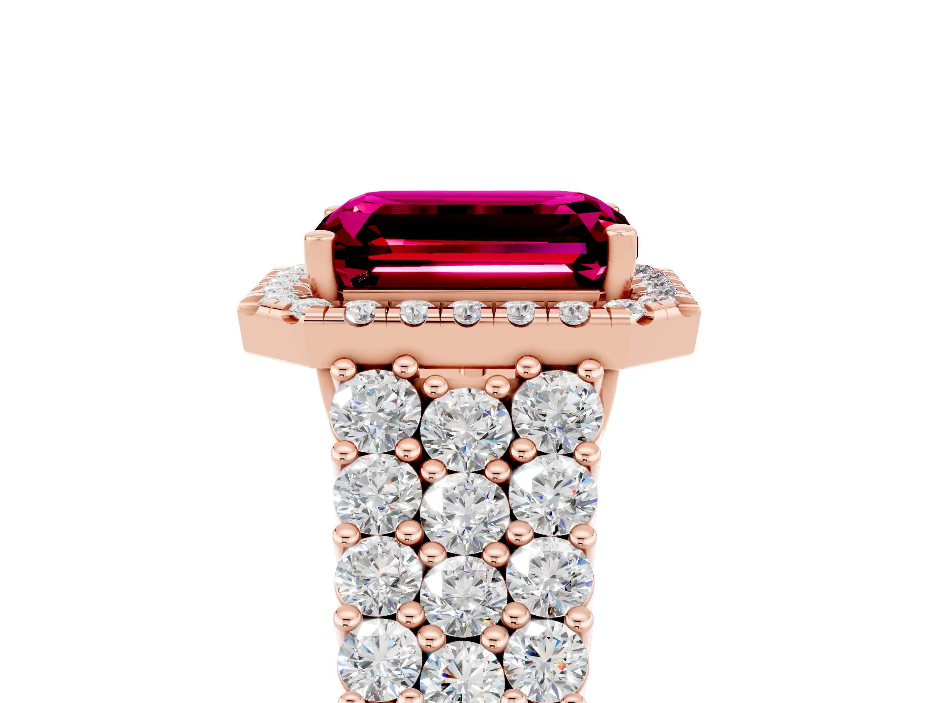 Rose gold Emerald Cut Halo Pavé Diamond Engagement Ring with Split Shank and Four-Prong Setting_5