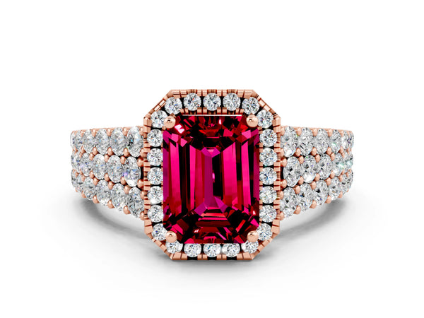 Rose gold Emerald Cut Garnet Halo Engagement Ring with Triple Row Round Pavé Band and Prong Setting