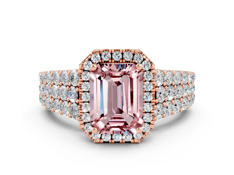 Rose gold Emerald Cut Halo Pavé Diamond Engagement Ring with Split Shank and Four-Prong Setting