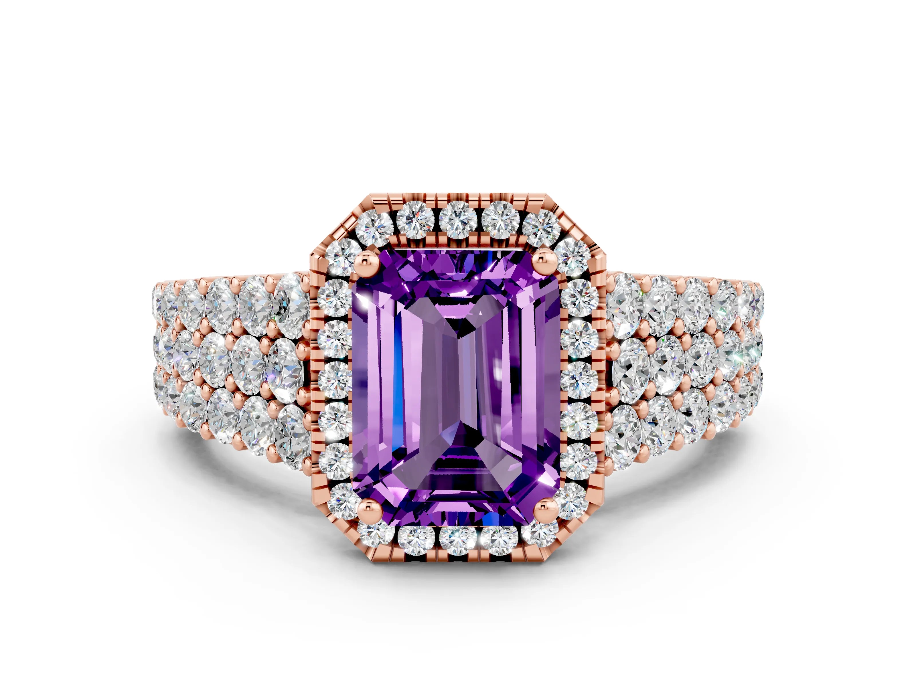 Rose gold Emerald Cut Halo Pavé Diamond Engagement Ring with Split Shank and Four-Prong Setting