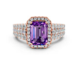 Rose gold Emerald Cut Halo Pavé Diamond Engagement Ring with Split Shank and Four-Prong Setting