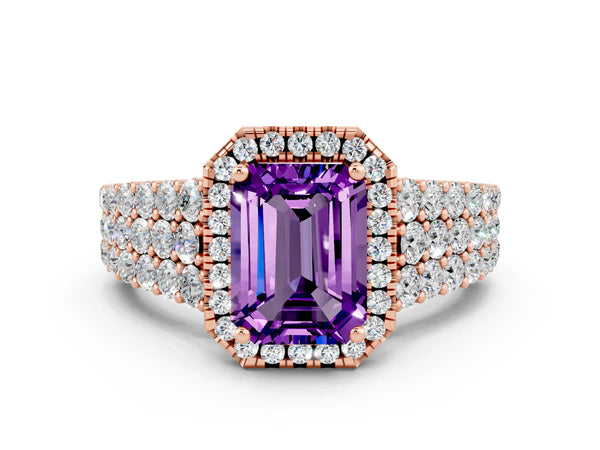 Rose gold Emerald Cut Amethyst Halo Engagement Ring with Triple Row Round Pavé Band and Prong Setting