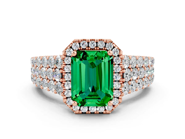 Rose gold Emerald Cut Emerald Halo Engagement Ring with Triple Row Round Pavé Band and Prong Setting