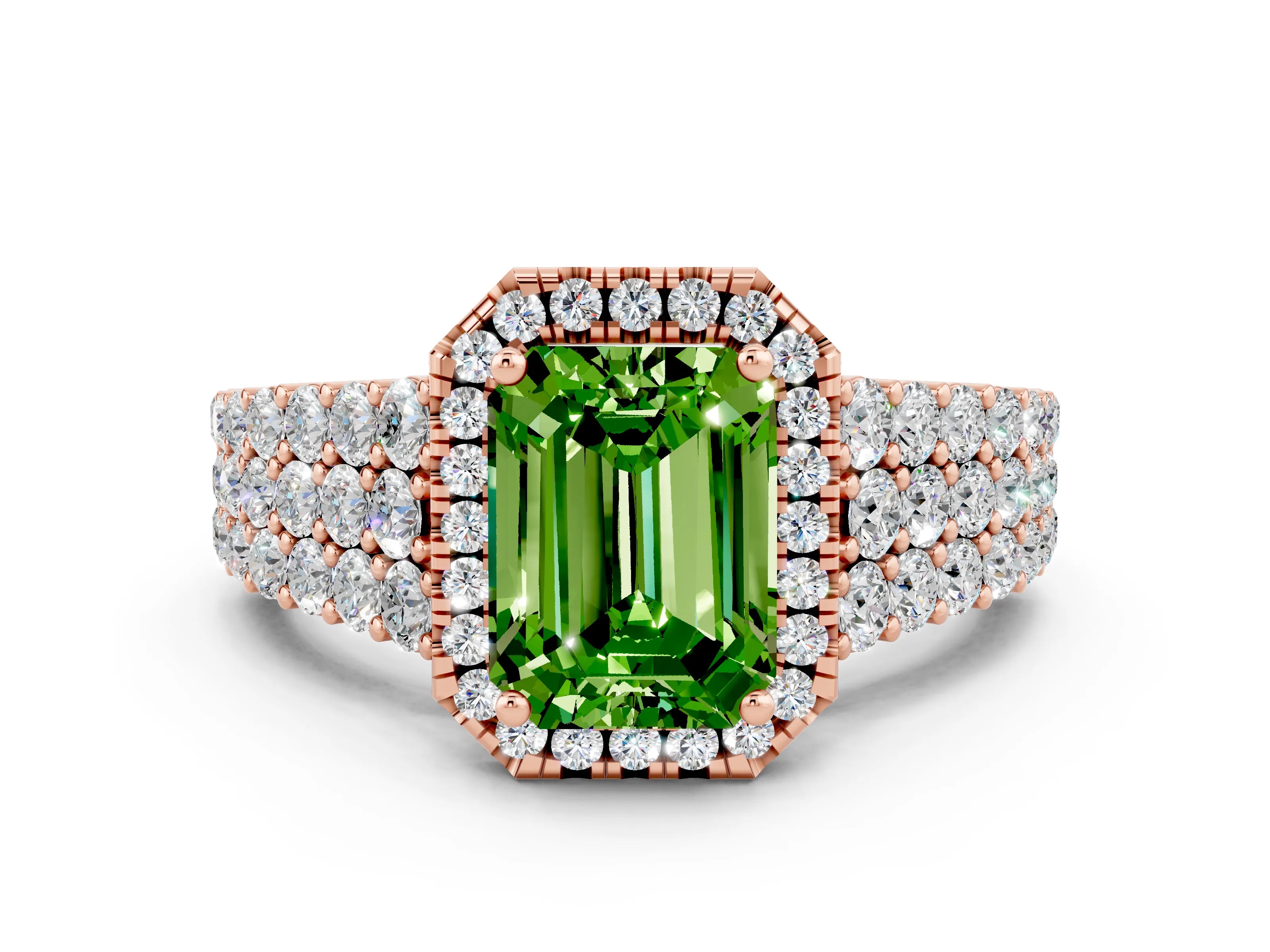 Rose gold Emerald Cut Halo Pavé Diamond Engagement Ring with Split Shank and Four-Prong Setting