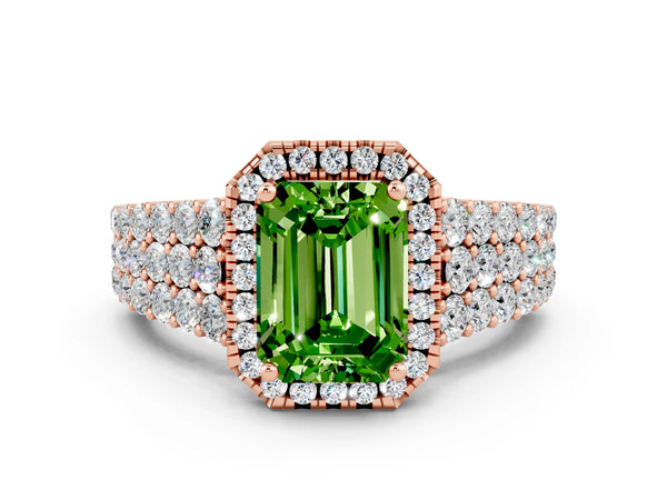 Rose gold Emerald Cut Halo Pavé Diamond Engagement Ring with Split Shank and Four-Prong Setting