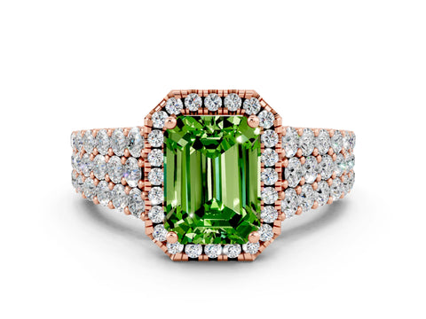 Rose gold Emerald Cut Halo Pavé Diamond Engagement Ring with Split Shank and Four-Prong Setting