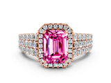 Rose gold Emerald Cut Halo Pavé Diamond Engagement Ring with Split Shank and Four-Prong Setting