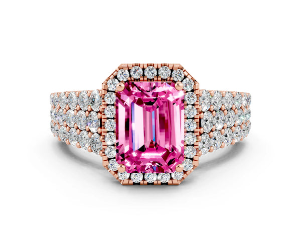 Rose gold Emerald Cut Pink Sapphire Halo Engagement Ring with Triple Row Round Pavé Band and Prong Setting