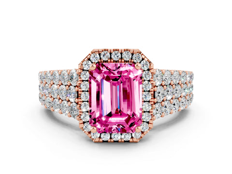 Rose gold Emerald Cut Halo Pavé Diamond Engagement Ring with Split Shank and Four-Prong Setting