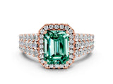 Rose gold Emerald Cut Halo Pavé Diamond Engagement Ring with Split Shank and Four-Prong Setting
