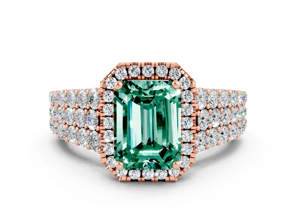 Rose gold Emerald Cut Green Sapphire Halo Engagement Ring with Triple Row Round Pavé Band and Prong Setting
