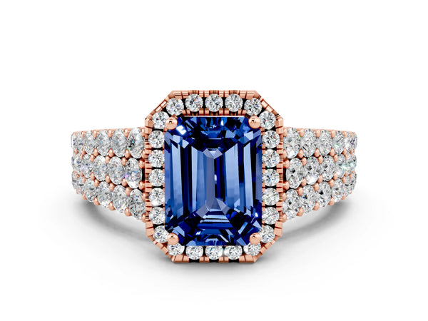 Rose gold Emerald Cut Blue Sapphire Halo Engagement Ring with Triple Row Round Pavé Band and Prong Setting