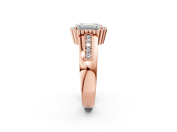 Rose Gold Emerald Cut Scalloped Halo Engagement Ring Setting with Wide Tiered Pave Band