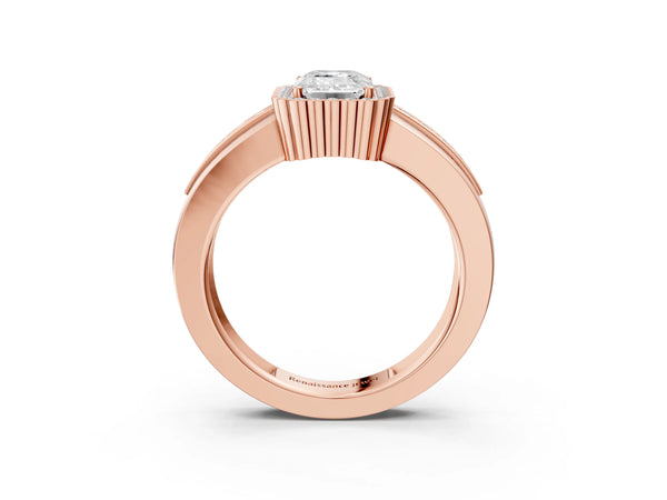 Rose Gold Emerald Cut Scalloped Halo Engagement Ring Setting with Wide Tiered Pave Band