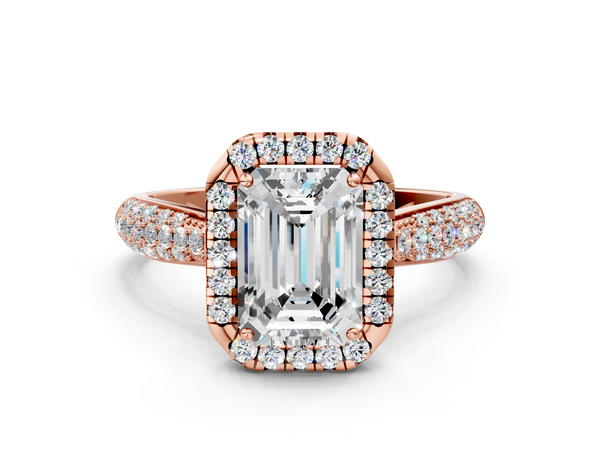 Rose gold Emerald Cut Halo Pave Band Four-Prong Setting Ring