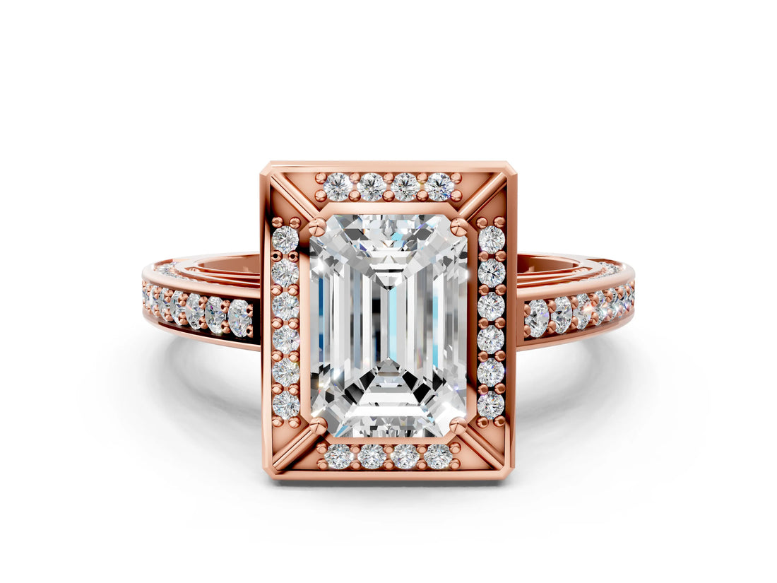 Rose gold Emerald Cut Halo Pave Split Shank Prong Setting Ring_44