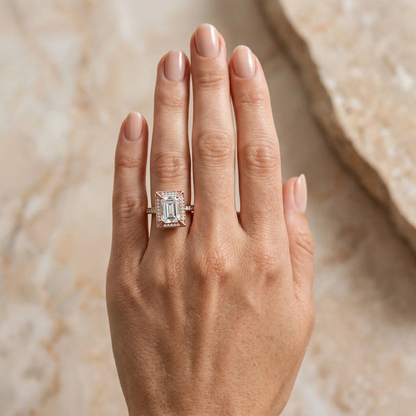 Rose gold Emerald Cut Halo Pave Split Shank Prong Setting Ring