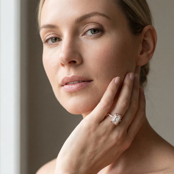 Rose gold Emerald Cut Halo Pave Split Shank Prong Setting Ring