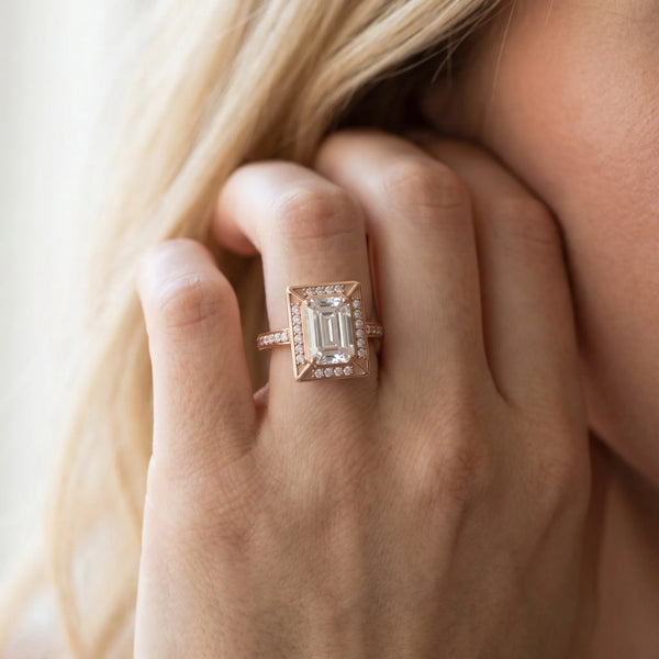 Rose gold Emerald Cut Halo Pave Split Shank Prong Setting Ring