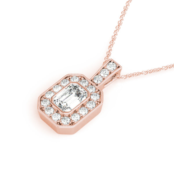 Rose gold Emerald Cut Halo Pendant with Milgrain Detail 1