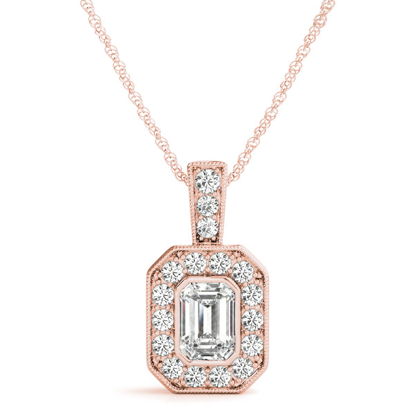 Rose gold Emerald Cut Halo Pendant with Milgrain Detail