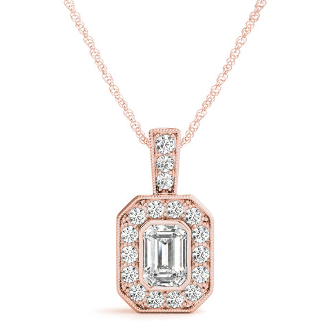 Rose gold Emerald Cut Halo Pendant with Milgrain Detail