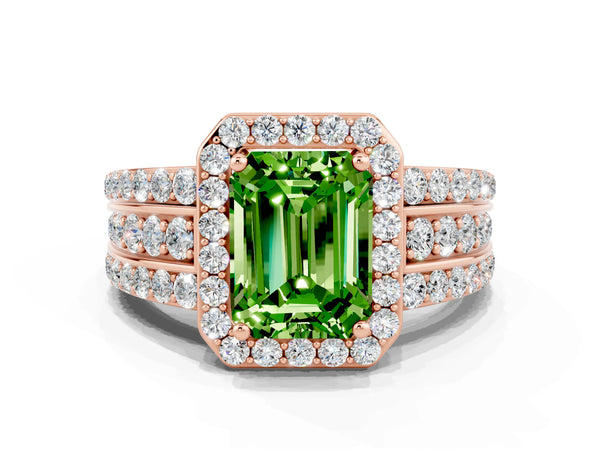 Rose gold Emerald Cut Halo Peridot Ring with Round  Split Shank and Prong Setting